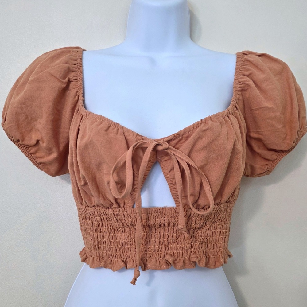 L.A. Hearts Puff Sleeve Milkmaid Crop Top Sz L Linen Blend Country Festival Boho